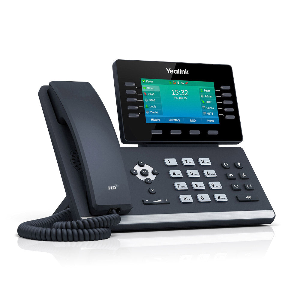 A right-angled view of a black T54W Midlevel IP Phone displayed on a white background. The phone features a 4.3" 480x272-pixel color display that is fully adjustable. The silver number buttons on the side panel and other functionality buttons, including the buttons around the display screen, are clearly visible.