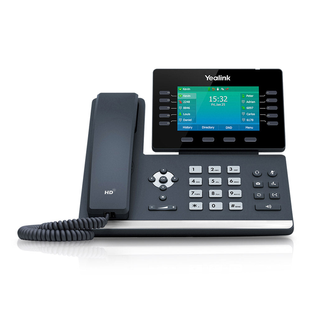 A black T54W Midlevel IP Phone displayed from a frontal view on a white background. The phone features a 4.3" 480x272-pixel color display that is fully adjustable. The silver number buttons on the dashboard and other functionality buttons, including the buttons around the display screen, are clearly visible.