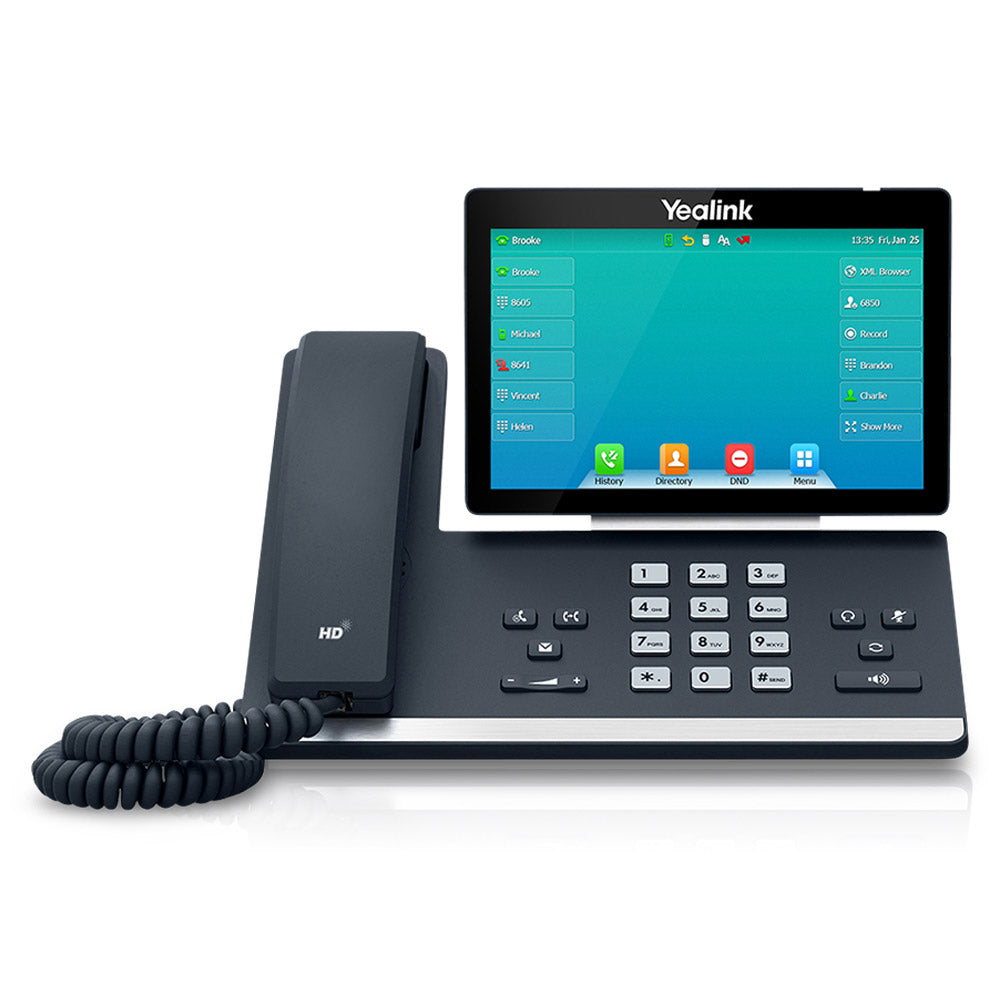 A black T57W Executive IP Phone displayed from a frontal view on a white background. The phone features a 7” 800 x 480 capacitive adjustable touch screen. The silver number buttons on the dashboard and other functionality buttons are clearly visible.