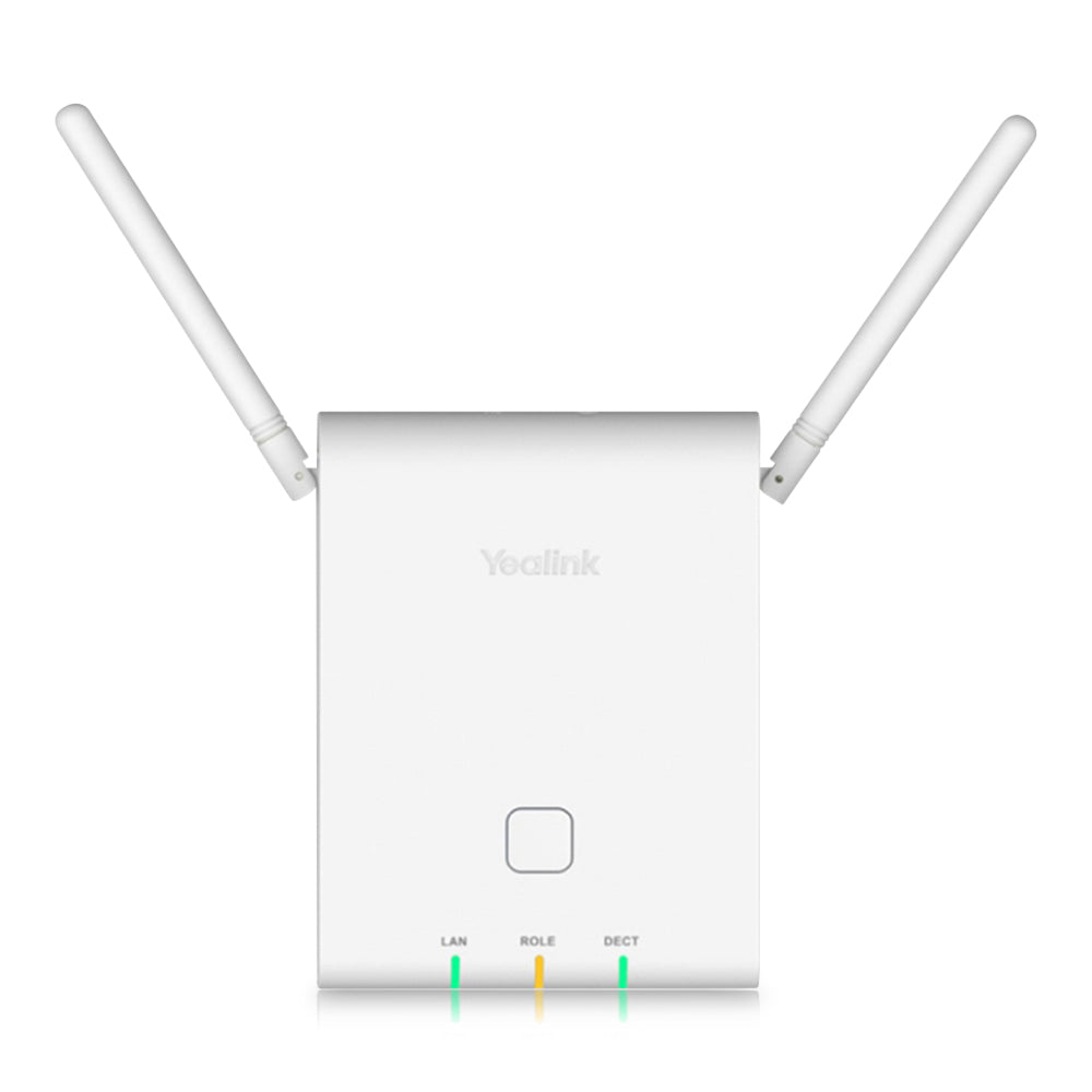 A white Yealink W90B Base Station Multi-Cell System with two white antennas positioned wider apart, and three LEDs, placed on a white background.