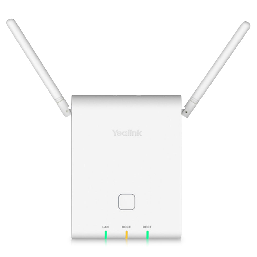 A white Yealink W90DM Base Station with two white antennas positioned wider apart, and three LEDs, placed on a white background.